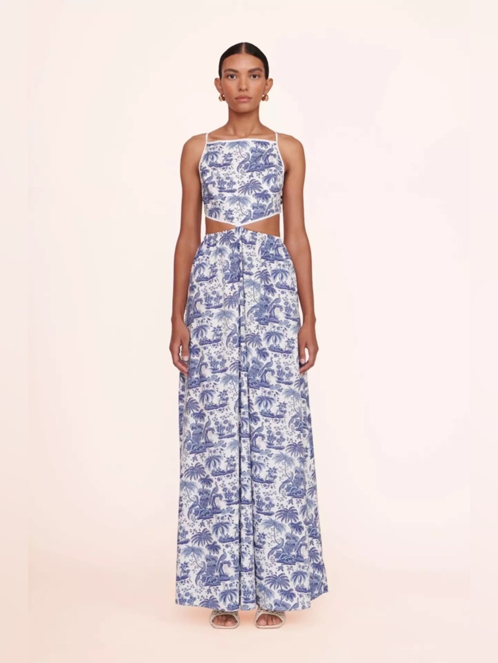 Staud Myla Halter Cutout Printed Cotton-Blend Poplin Maxi Dress in Blue Toile